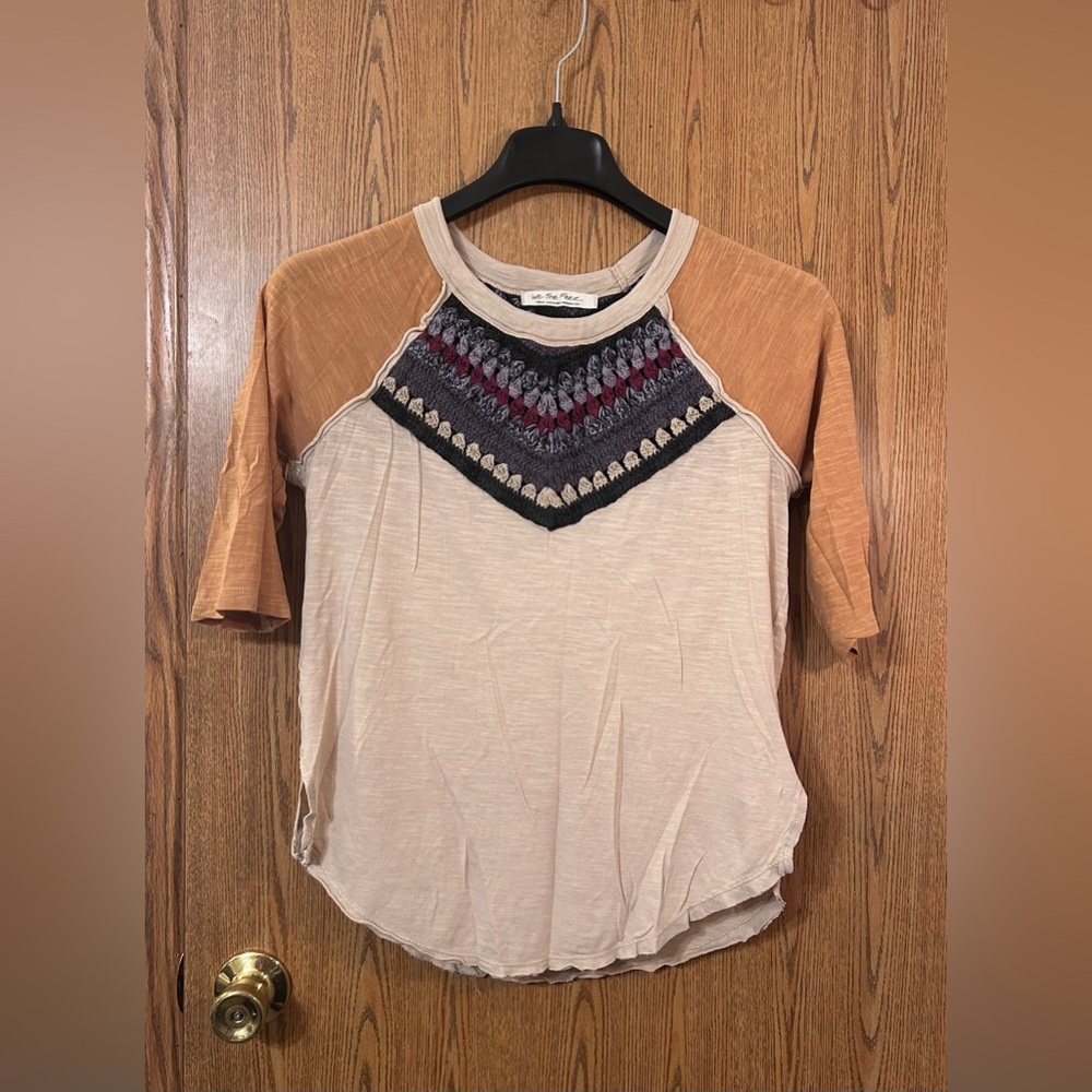 We The Free by Free People Spring Bound Tan Crochet Yoke Baseball Tee - Picture 2 of 6